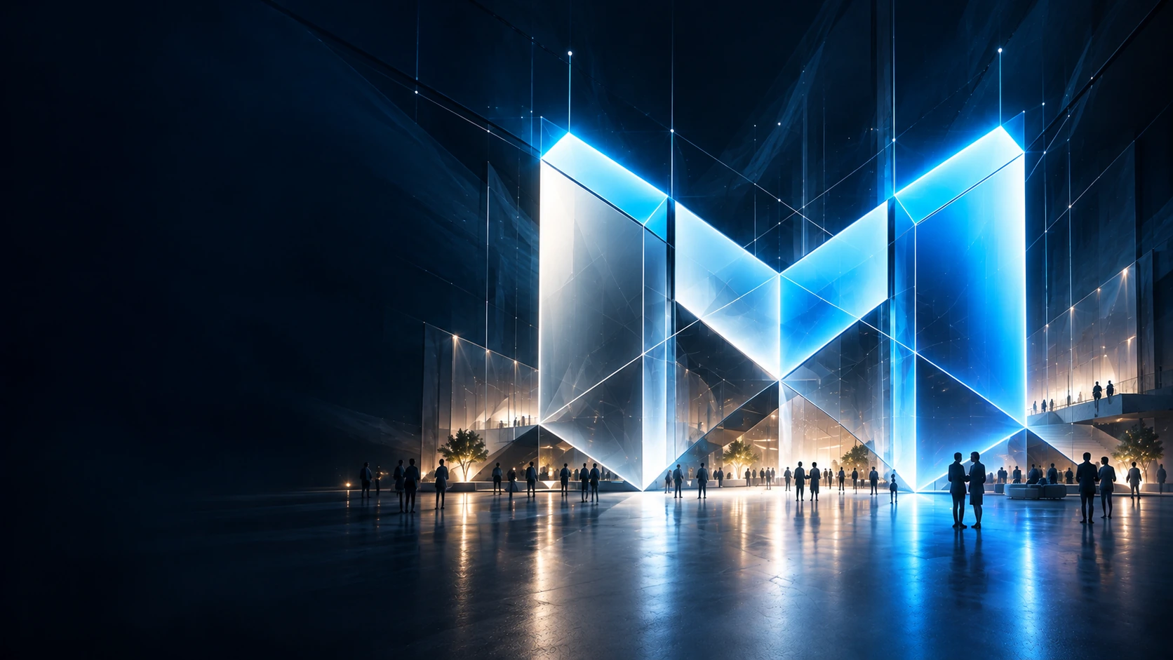 People in a spacious exhibition hall beneath a luminous architectural M